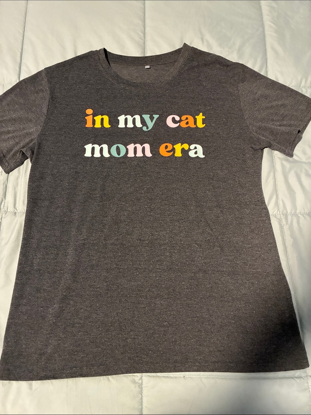 Amazon Gray Cat Mom T-Shirt with Multicolor Pastel Letters